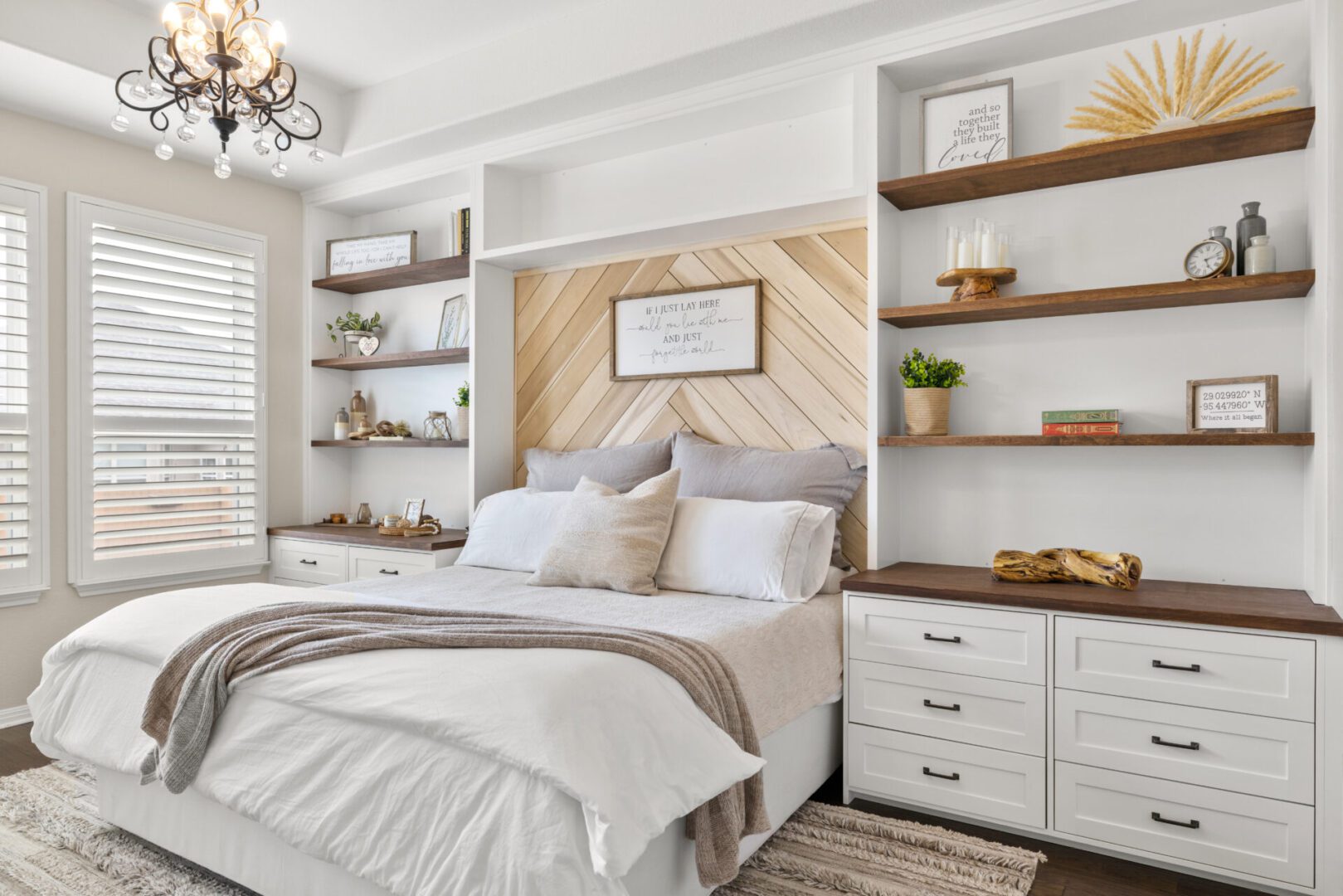 a king size bed and book shelves